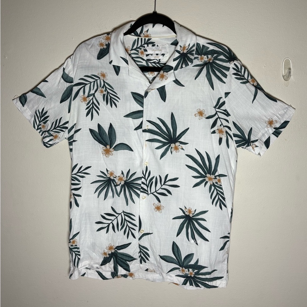 Porter and Ash Men’s Linen Blend Tropical Print White and Green Shirt Size S